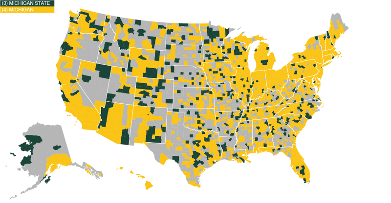 Illustration for article titled Facebook Data Give Us The Best Fandom Map of the NCAA Tournament